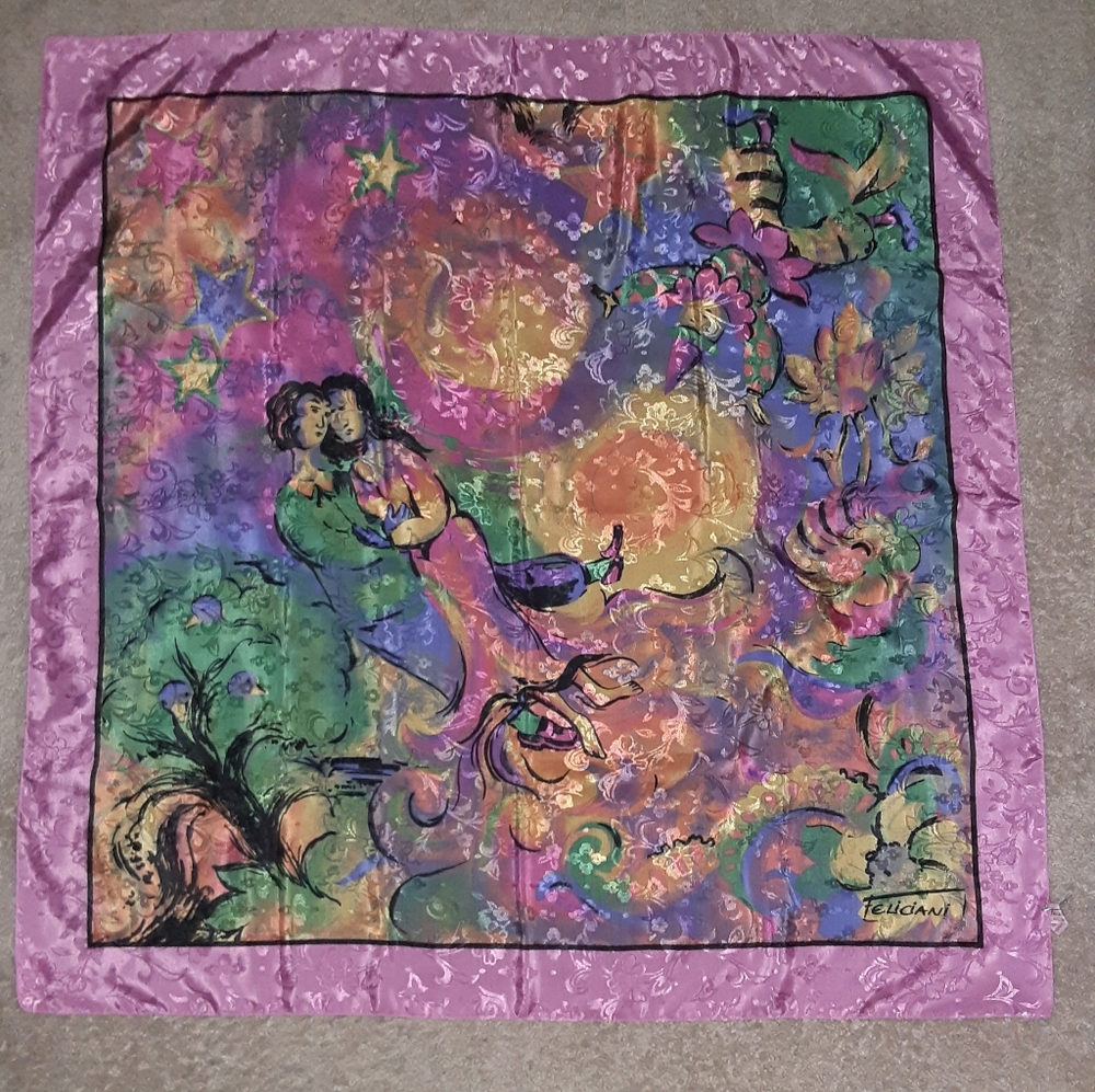 VINTAGE FELICIANI ROMANTIC IMPRESSIONIST PRINT SCARF
